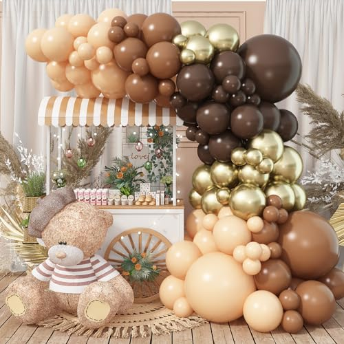 Brown Balloon Garland Arch Kit - Nude, Tan, Beige, Coffee Balloons with Metallic Accents for Teddy Bear Boho Birthday Party Decorations