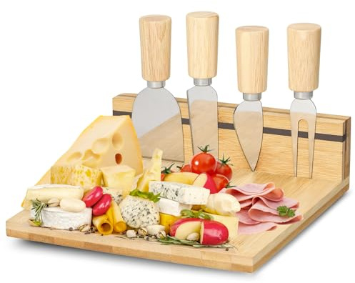 Käseschneidbrett 'Bergamo' aus Bambus - Käseplatte Holz mit magnetischer Halterung - Käsebrett mit Käsemesser Set aus Edelstahl - 5-teiliges Cheese Board als Geschenk oder Serviertablett