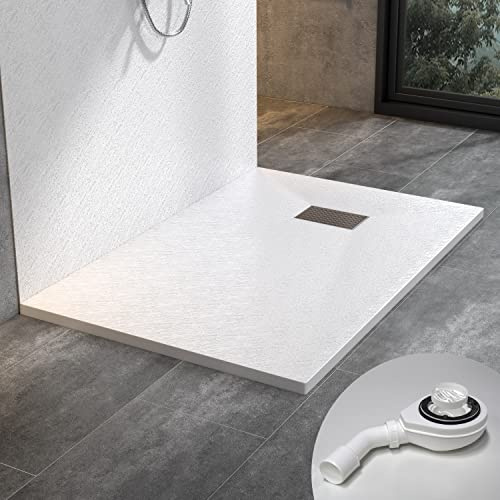 WITEN&NOCK Duschwanne 90x70 cm SMC Brausewanne Weiß Steinoptik Duschtasse Extraflach Anti-Rutsch mit Ablaufgarnitur und Edelstahl-Abflussrinne