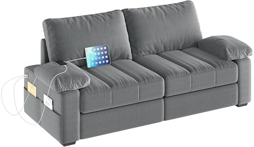 Yaheetech 79 Velvet Futon Sofa with Storage Pockets & USB Ports, Removable Armrest Pillow & Cover, Modern Comfy Loveseat Couch for Living Room, Apartment, Bedroom, Gray