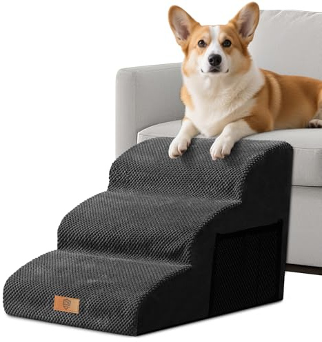 Scaletta per Cani 3 Gradini in Spugna, Masthome Rampa per Cani Letto/Divano, Scala Antiscivolo per Cuccioli e Animali Domestici Anziani, Scale Cane con Copertura Rimovibile e Lavabile (Nero)