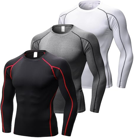 YUSHOW Pack de 3 Camiseta de Compresión Hombre Manga Larga, Ropa Deportiva