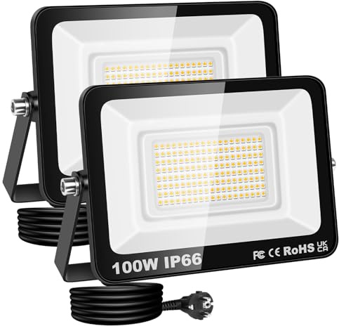 RIGIDON Led utomhusstrålkastare, 2x 100W 10000LM strålkastare med stickpropp, nätdriven säkerhetsbelysning, uteplats för garagegård, uteplats, vattentät verkstad arbetsplats Arbetslampa, 3000K varmvit