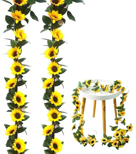 2 Piezas Girasoles Artificiales, Artificial Girasol Guirnalda 225CM, Guirnalda Artificial de Girasol, Flores Artificiales Decoracion para el Hogar Hotel Oficina Boda Jardín Decoración