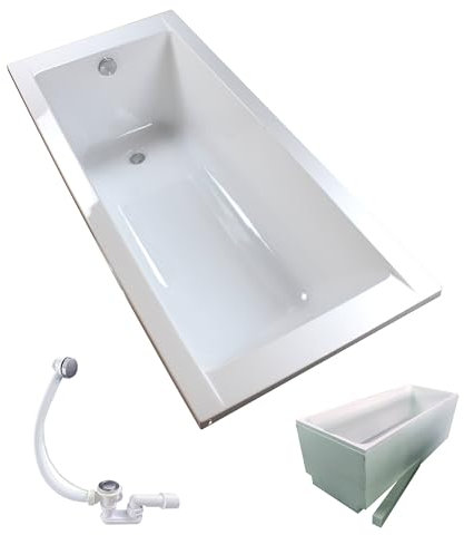 sanicomfort Badewanne Komplettset Form Rechteck 170x75 cm – Acryl-Badewanne weiß mit Wannenträger & Ablaufgarnitur, Wärmedämmung & Schalldämmung, pflegeleicht & robust