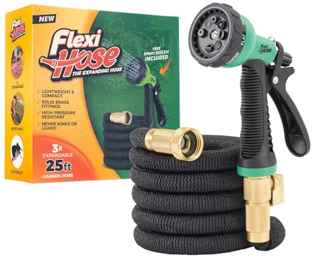 Flexi Hose Expandable Garden Hose with 8 Function Nozzle, 25FT - Lightweight Retractable Garden Hose, Water Hose - No-Kink Flexibility, 3/4 Inch Solid Brass Fittings and Double Latex Core