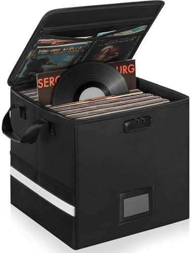 OUUTMEE Fireproof Vinyl Record Storage Box with Lock, Water Resistant Vinyl Album Storage for 12 inch Records Holds up 50+ Single Record, Collapsible LP Record Storage Crate for Album Collection,Large