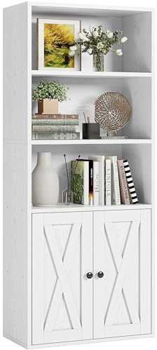 IRONCK Bücherregal mit 2 Türen, Standregal mit 5 Ebenen, Industriestil Bücherschrank, Vitrinenschrank Aufbewahrungsregal für Arbeitszimmer, Büro, Wohnzimmer, Schlafzimmer, Weiß