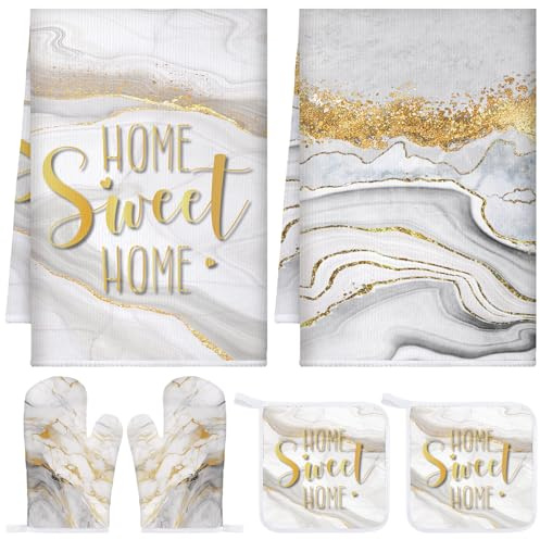 Bencailor 6 Pcs Marble Kitchen Decor Gold Pot Holders Oven Mitts 2 Dish Towels 2 Farmhouse Cooking Mittens Oven Glove and Potholder for Baking Cooking Grilling Supply Accessories(White)