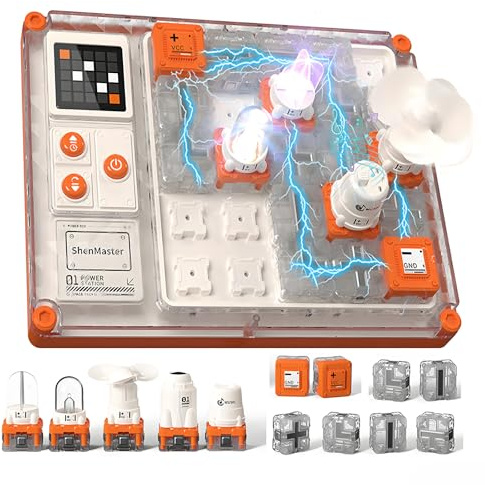 Kit d'apprentissage électronique STEM à partir de 3 ans, édition avec plus de 500 circuits, affichage LED et modules rechargeables | Entraînement logique, kit d'expérimentation de physique, basse