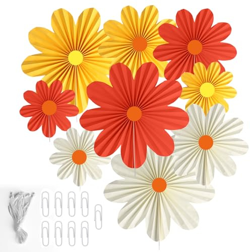 9 Pcs Décorations Fleurs en Papier, Fleurs de Marguerite Suspendues, Guirlande Suspendue Décoration Orange et Jaune, éventails en Papier pour Mariage, Anniversaire, Decoration de Table Fête
