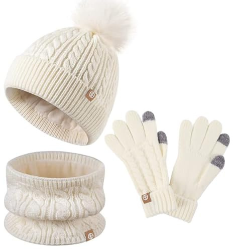 Syzplnwy Juego de gorro de invierno, bufanda y guantes | Gorro térmico forro polar 3 en 1 y guantes con pantalla táctil | Accesorios de punto cálidos para niños de 5 a 12 años