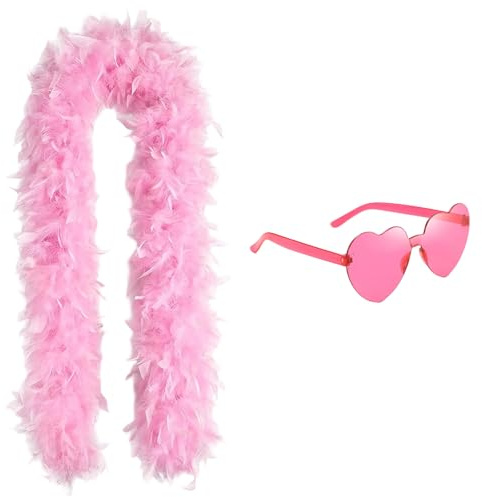 CERCTLA Boas de Plumas, 2M Boas de Plumas con Gafas de Sol sin Borde de Corazón, Suaves Boa de Pluma para Fiestas de Disfraces, Boda, Carnaval, Halloween y Navidad (Rosa)