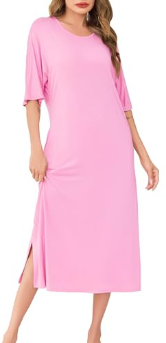 Wikoan Chemise de Nuit Longue pour Femmes Chemises Nuit Ete Chemise de Nuits Femme Grande Taille Doux Robe de Nuit Femme Ete avec Poches Rose Pêche XXL