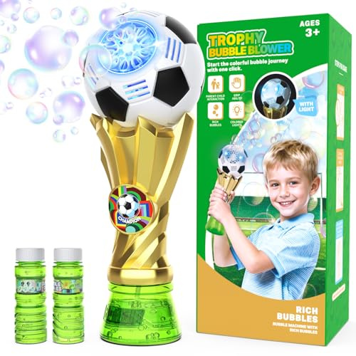 Máquina de Burbujas Fútbol para Niños, Incluye 2 Botes de Solución, Juguete de Exterior con Luz y Música, Pomperos Automáticos para Bodas, Fiestas y Jardín, Regalo de Cumpleaños para Niños y Niñas 3+
