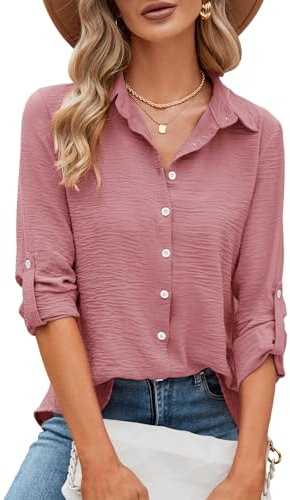 Odosalii Women's Blouse Casual Long Sleeve V Neck Button Down Shirts Pink
