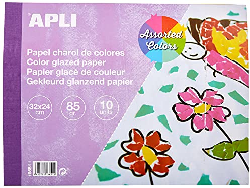 APLI 16651 - Papier glacé multicolore - Bloc de 10 feuilles - Format 32 x 24 cm - Pour découpage, collage, activités manuelles et DIY