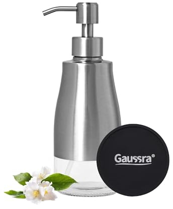 Gaussra Soap Dispenser with Coaster and Stickers, Brushed Nickel Stainless Steel Case Glass Liner Hand Pump Dispenser, Refillable Liquid Hand Soap Dispenser for Bathroom & Kitchen (11OZ / 320ML)