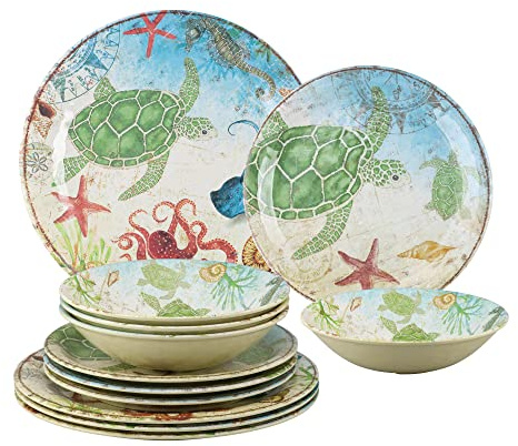 UP ware 12-teiliges Geschirrset mit Meeresschildkröte, Melamin, Geschirr für den Außenbereich, Teller und Schüsseln, Service für 4 Personen, mehrfarbig