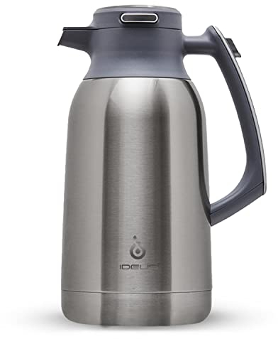 IDEUS Insulated Coffee Jug 2l, Double Wall Vacuum Stainless Steel Water Pitcher Milk Carafe Thermal Teapot Beverage Dispenser Thermo (Silver)