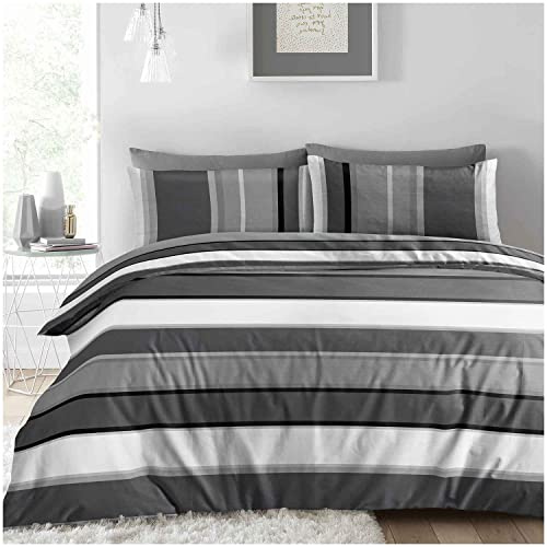 GC GAVENO CAVAILIA 4Pcs Complete Bedset Double Bed Fitted Sheets Reversible Quilt Cover Printed Satin Striped Bedding With Grey Pillowcases, 4 Pieces