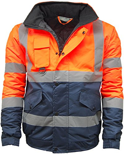 MMK Manchester® Hi Vis Viz Bomber Jacket High Visibility Workwear Safety Security Hooded Padded Waterproof Taped Seams Work Wear Coat Top (Orange Navy, X-Large)