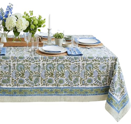 ATOSII Clover Blue 100% Cotton Rectangle Fall Tablecloth, Handblock Floral Linen Table Cloth for Kitchen Dining Table I Parties Christmas Thanksgiving I Fall Home Decor 60 X 108 Inches I 8 Seater
