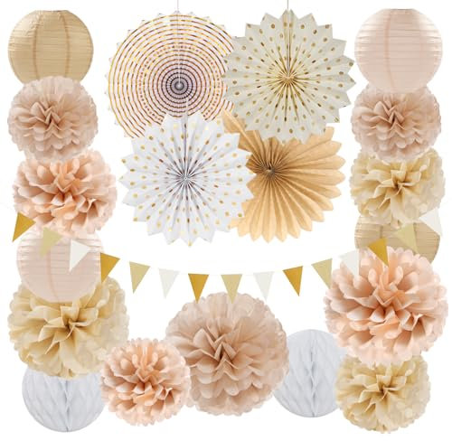 Beige-Champagne Gold White-Peach Boho Party-Decorations - 20pcs Neutral Baby Shower Rustic Wedding Paper Lanterns Fans,Tissue Pom Poms,Honeycomb Balls,Bunting,Birthday Bridal Decor Burgleda