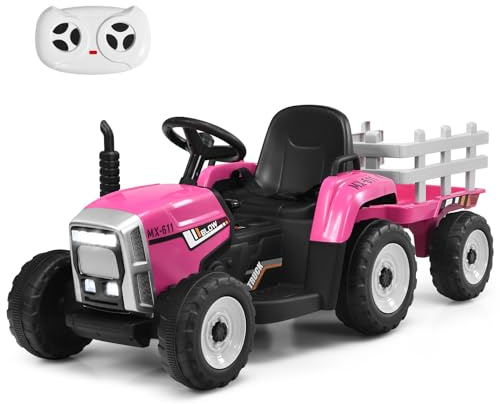 COSTWAY Ride on Tractor and Trailer, 12V Battery Powered Electric Kids Toy Car with Remote Control, LED Lights, USB & Bluetooth Music, Four Wheels Ride on Toys for Children Ages 3+ (Pink)