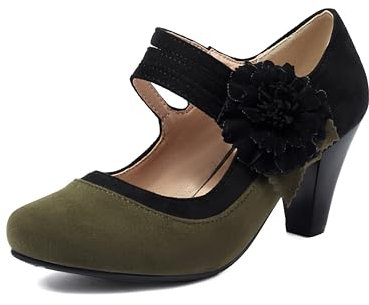 elerhythm Damen Mary Jane Blume Ankle Strap Vintage Heels Gatsby 1920er Jahre Pumps Geschlossene Runde Zehe 1950er Viktorianische Retro Schuhe (Grün EU38)