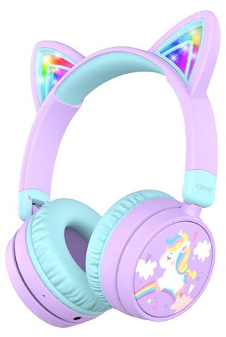 iClever Bluetooth Kopfhörer Kinder, 60 Stunden Spielzeit, Katzenohren mit LED-Leuchten, Sichere Lautstärke 74/85dBA, Bluetooth 5.3, USB C Aufladen, Eingebautem Mic für iPad, Tablets, Reisen, Geschenk