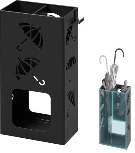 WOLTU Regenschirmständer 2 Slots, Schirmständer Regenschirm, mit 4 Haken, quadratischer Regenschirmhalter, für Eingangsbereich, 25x49x15 cm, aus Metall, Schwarz, SST16an