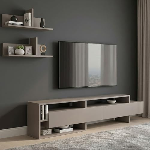 Dmora - Parete attrezzata Eudora, Composizione Soggiorno, Mobile Salotto Multiuso, Armadio Porta TV, 180x32 h42 cm, Beige