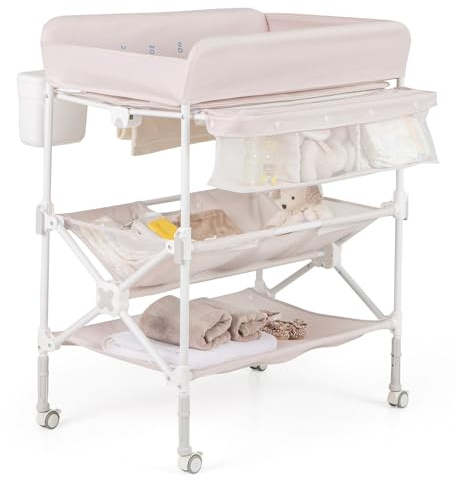 COSTWAY Baby Changing Table, Folding Diaper Changing Station with Wheels, Storage Basket, Shelves & Trash Bin, Height Adjustable Nursery Organizer for Newborn and Infant (Beige)
