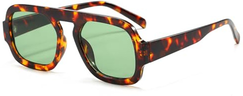 Long Keeper Gafas de Piloto Cuadradas Vintage para Mujer Hombre Gafas de Sol Piloto Años 70 Gafas de Sol Retro Protección UV400 para Viaje Conducir, 65MM (Montura Leopardo - Lente Verde)