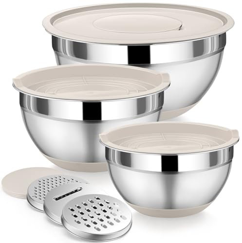 P&P CHEF Mixing Bowl with Lids Set of 3, Stainless Steel Nesting Salad Bowls for Serving Preparing, 3 Grater Attachments & Non-Slip Bottoms, Size 1.5/2.6/4.6 QT, Khaki