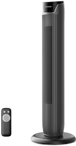 PELONIS Turmventilator mit Fernbedienung - 5 Geschwindigkeitsstufen & 4 Modi (AI/Nacht/Naturwind) 9H Timer, LED-Display mit Speicherfunktion - Energiesparender Ventilator für Büro Schlafzimmer