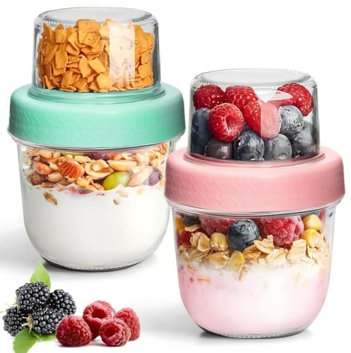 ComSaf Overnight Oats Jar with Lids 240+120mL, 2Pcs Glass Yogurt Pots, Dual-Layer Yoghurt Pots for Granola Cereal Nut Fruit Snack, Overnight Oats Container for Meal Prep, Small Mason Jars for Salad