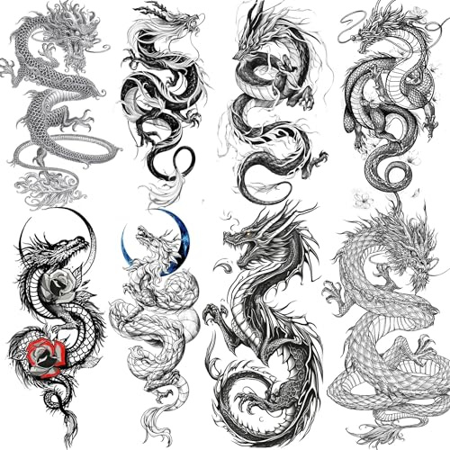 8 Sheets Dragon Temporary Tattoos For Men Women Adults, Black Realistic Dragon Tattoo Sticker Half Arm Sleeve, Waterproof Tribal Totem Fake Tattoos Halloween