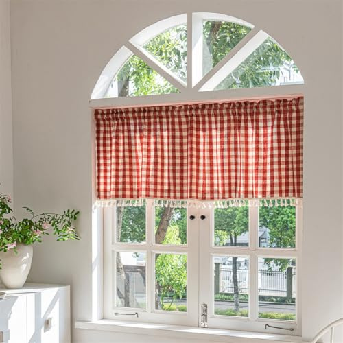 Odot Cortinas Cocina, Cortinas Semitransparente Moderno y Visillos Cortos para Ventanas, 1 Panel Cortina Cocina, para Salón Lavadero Baño y Pequeñas Ventanas (Cuadros Rojos,150x46cm)