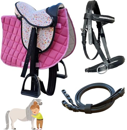 My Sweet Pony® Kinder Shettysattel-Set Pink Flower + Trense + Zügel | für Pony Shetty und Holzpferd | Alles enthalten | Komplett-Set | Ideal für erste Reitversuche