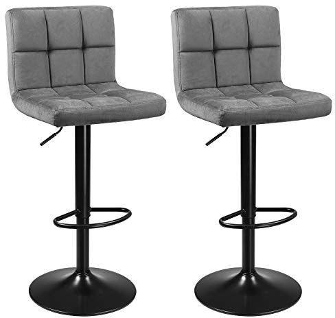 SONGMICS Barhocker, 2er Set, Barstühle, mit Samtbezug, höhenverstellbar, Drehstühle, Küchenstühle mit Rückenlehne und Fußstütze, Metall, dunkelgrau LJB014G01, 38 x 44,5 x (95-115) cm