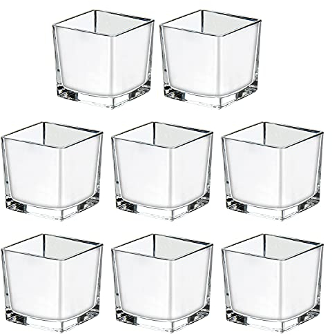 Briful 6CM Square Glass Vase Galvanized Glass Flower Vase for Home Office Decor Cube Glasses Planter Candle Holder for Garden Wedding Party, Set of 8