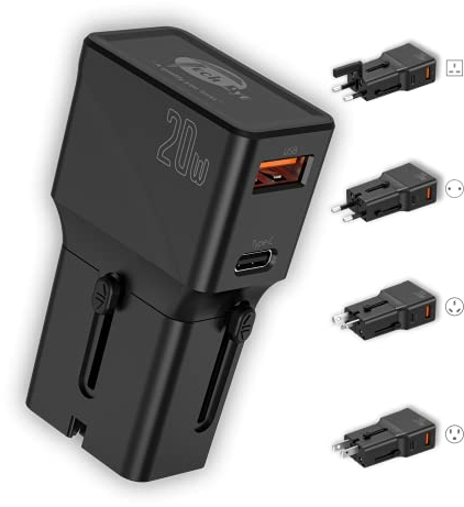 TechEye Black Travel Adapter Worldwide – USB-C + QC3.0 Dual Port, 25W Fast Charging Plug for iPhone 16/15/14/13/12, Samsung S25/S24/23, Fold, Note20 & More – Slim, Smart, and Portable