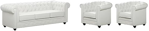 Vente-unique - Canapé 3 Places et 2 fauteuils Chesterfield - Simili Blanc