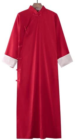 Moonetto Mens Cotton Linen Kung Fu Robe Chinese Martial Arts Uniform Tai Chi Long Suit Button Shirt Coat Robe Outfit(0244-Red-M)