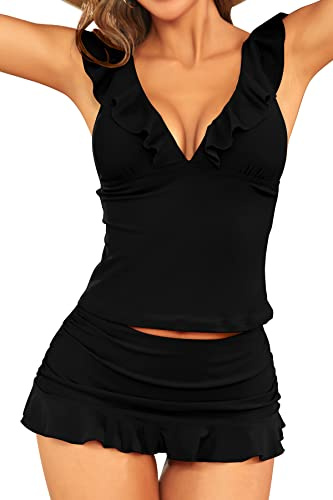 SHEKINI Volant Tankini Donna Scollo a V Profondo Tankini Top Elegante Costume da Bagno Tankini 2 Pezzi Vita Alta Gonna da Bagno(L, Nero)