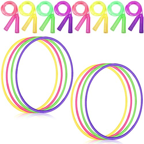 Poen 16 Pcs Detachable Hoop and Jump Rope Set Adjustable Exercise Hoop Skipping Rope Equipment for Fitness Teens Adults Weight Loss Exercise Gymnastics(Green, Yellow, Purple, Pink)