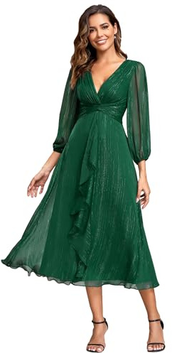 Ever-Pretty Vestido de Noche Largo para Mujer Cuello en V Mangas de Linterna Cintura Imperio Volantes Vestido de Invitados de Boda EE01977-P
