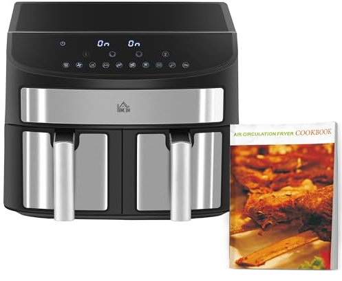 HOMCOM Dual Zone Digital Air Fryer, 10-in-1 8L Family Size with 2 x 4L Baskets, Sync Cook & Smart Finish, 60-Minute Timer for Oil Free & Low Fat Healthy Cooking, 2400W, Black